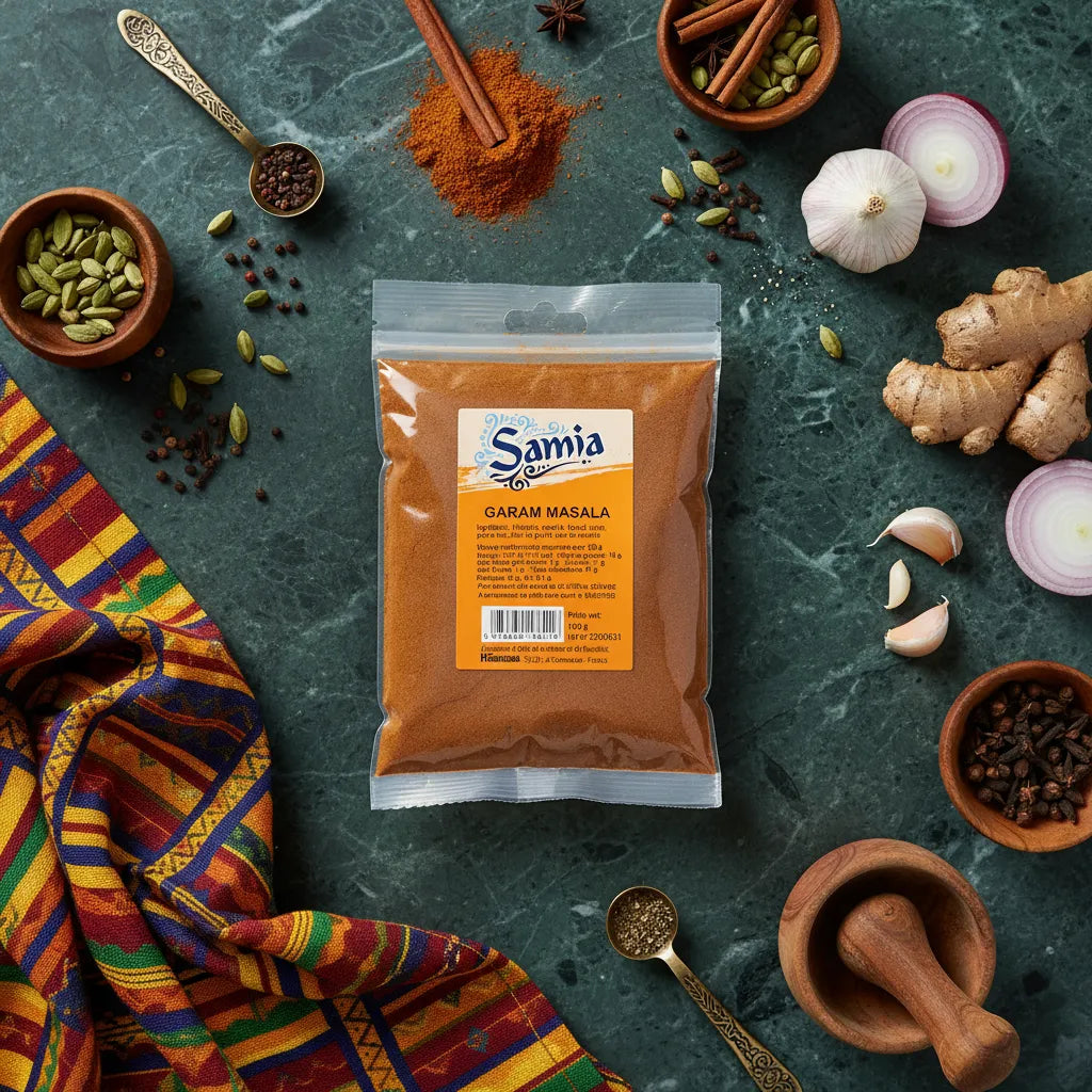 Sachet de Garam masala SAMIA entouré d'épices entières comme cardamome, gingembre et cannelle, idéal pour cuisine indienne et orientale.