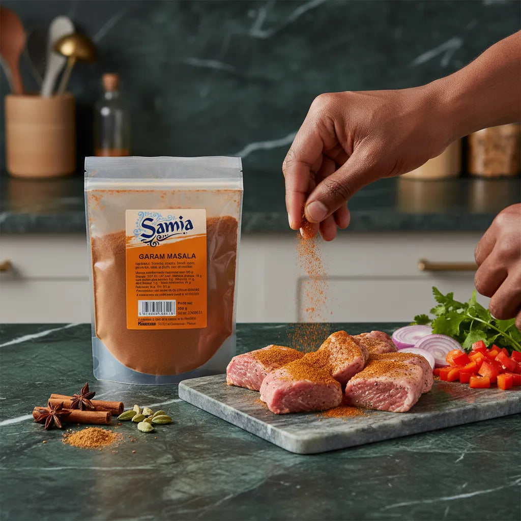 Main saupoudrant du Garam masala SAMIA sur des morceaux de viande crue, parfait pour assaisonnement avant cuisson ou marinade.