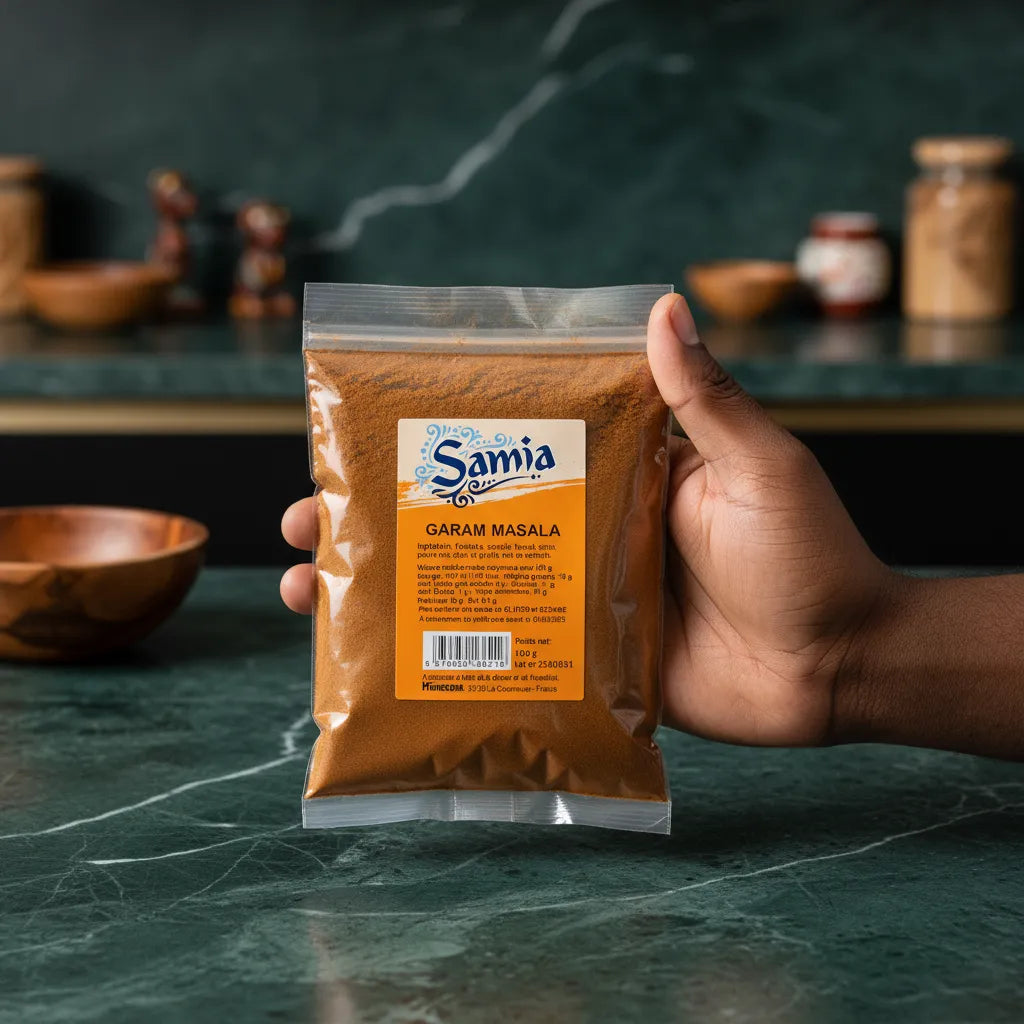 Main tenant un sachet de Garam masala SAMIA, épice incontournable pour plats mijotés, soupes et marinades aux saveurs équilibrées.