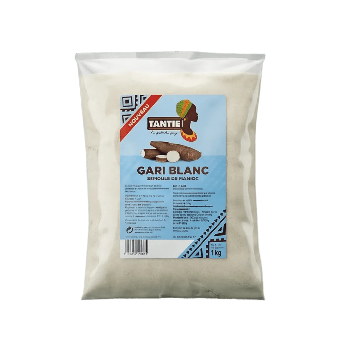 Weißer Gari-Beutel TANTIE, Maniokgrieß, mit Markenetikett und einer Maniokwurzel.