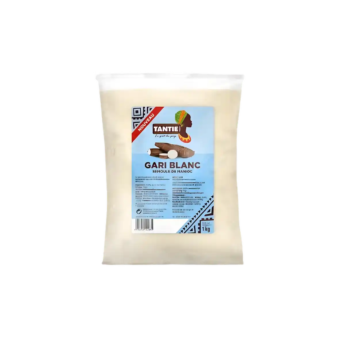 Gari blanc TANTIE - Gari blanc manioc 1kg en sachet transparent, ingrédient de base pour cuisine africaine, texture granuleuse idéale.