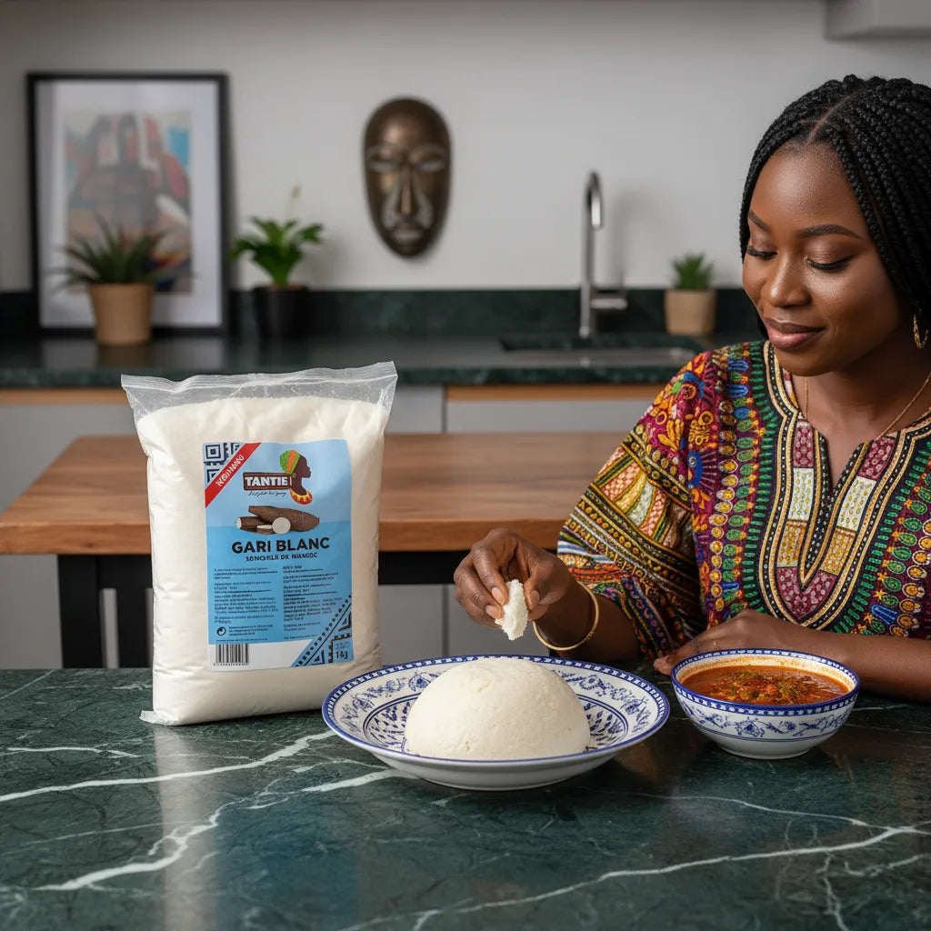Femme dégustant du Gari blanc TANTIE accompagné de sauce, montrant son usage polyvalent comme aliment de base à base de manioc.