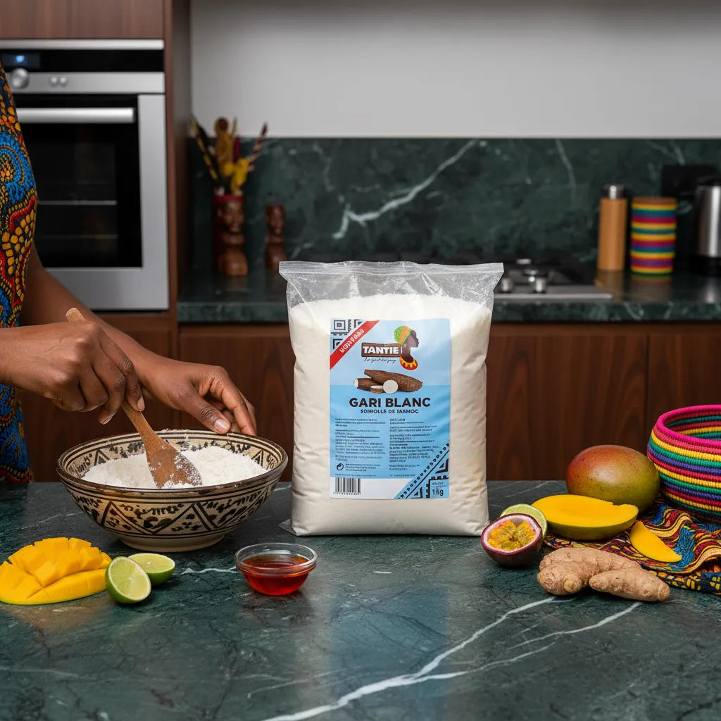 Préparation culinaire avec Gari blanc TANTIE dans un bol, accompagné de fruits et épices, montrant sa polyvalence en cuisine salée.