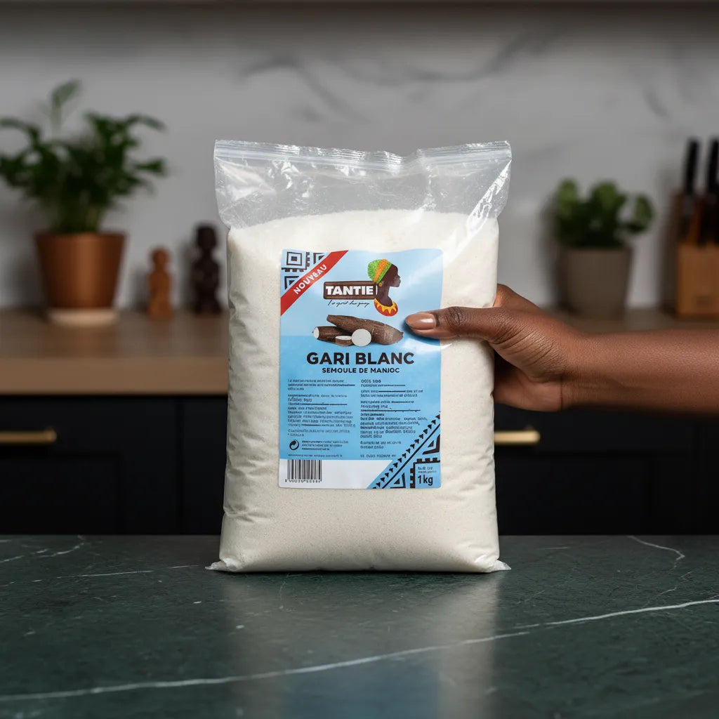 Main tenant un sachet de Gari blanc TANTIE 1kg sur plan de travail, produit de base à base de manioc pour plats africains nourrissants.
