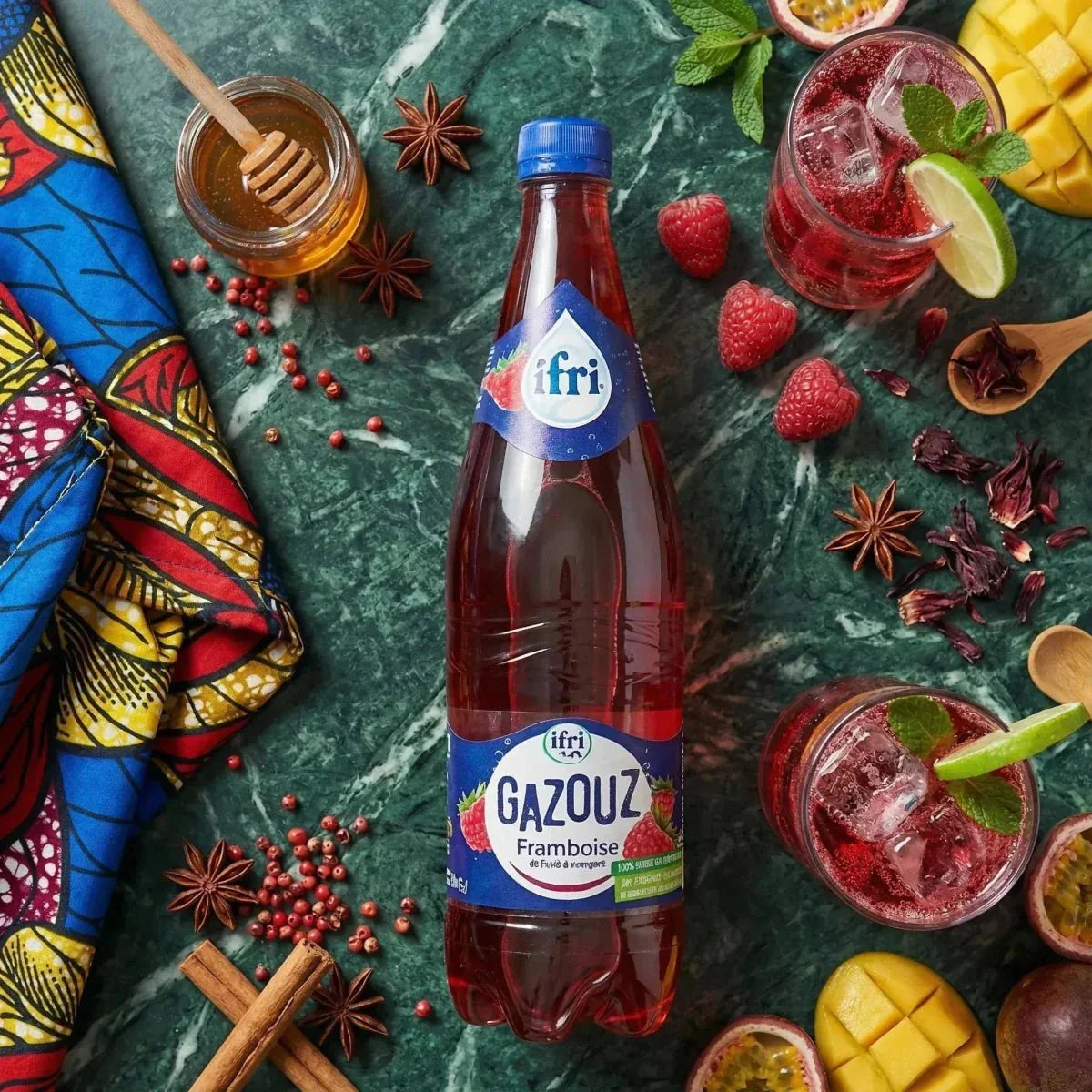 Sparkling raspberry soda GAZOUZ by Ifri, with raspberries, honey.