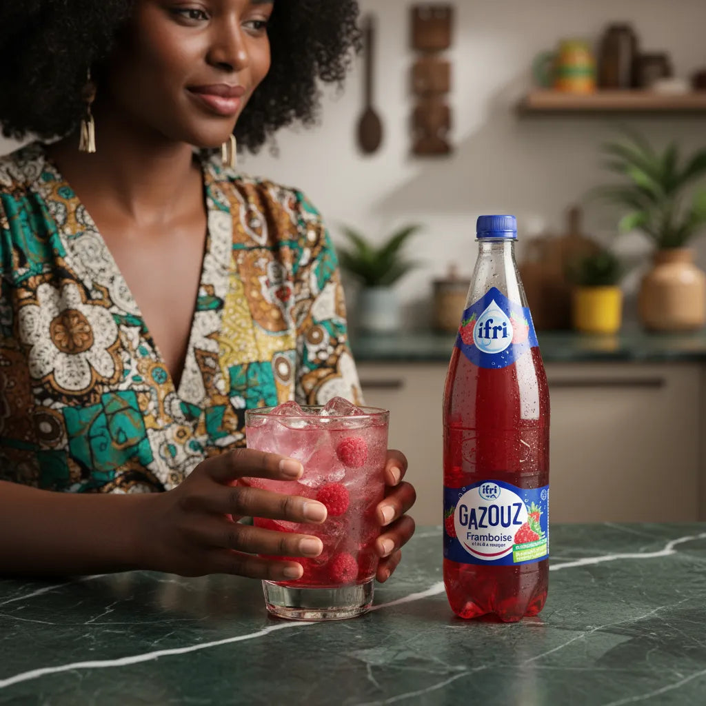Femme dégustant un verre de Soda Framboise GAZOUZ avec glaçons, boisson pétillante fruitée et naturelle parfaite pour se rafraîchir.