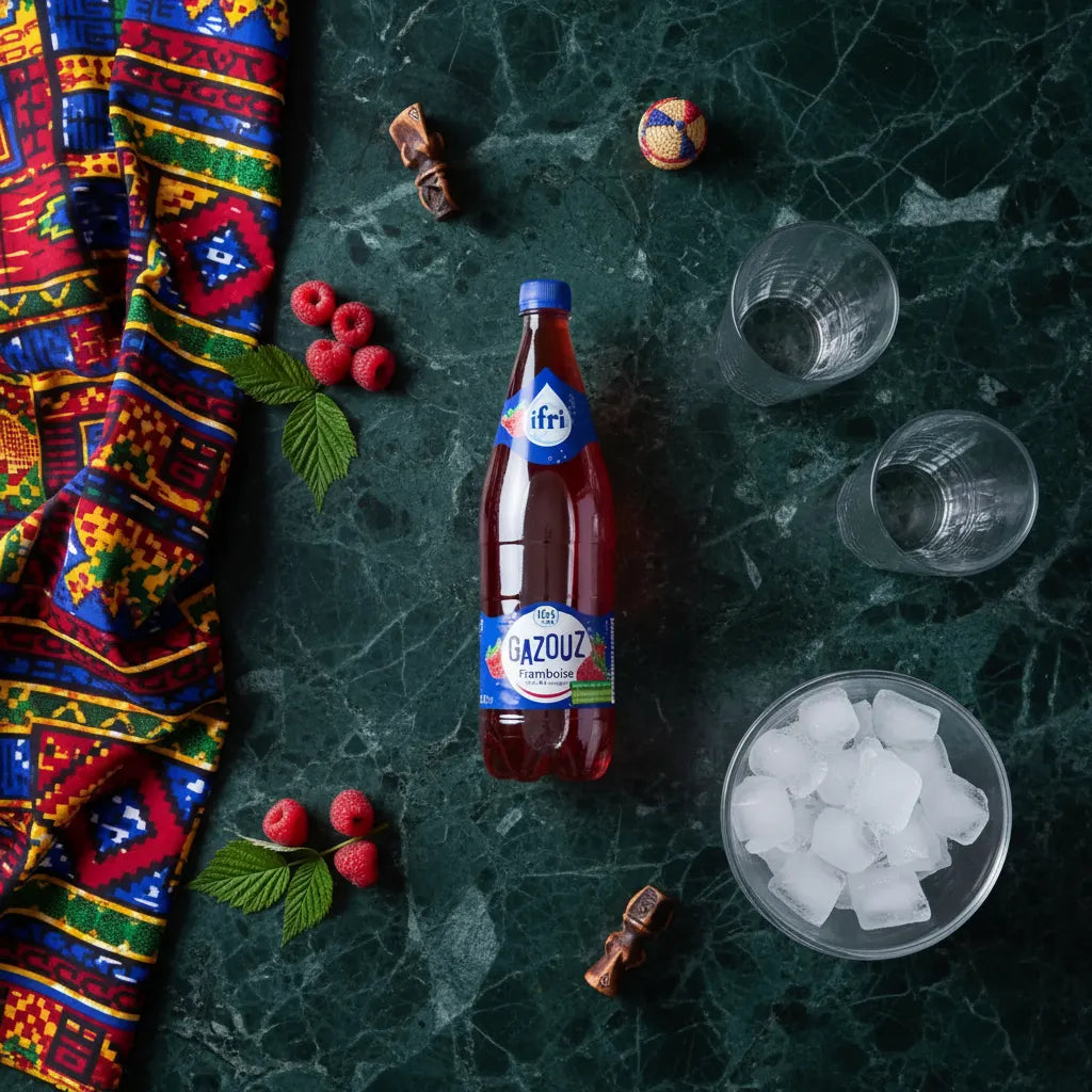Bouteille de Soda Framboise GAZOUZ posée sur une table avec glaçons, verres et framboises, boisson pétillante fruitée et désaltérante.