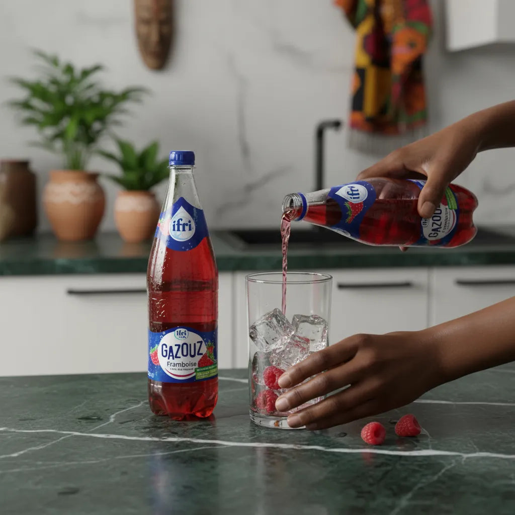Versement de Soda Framboise GAZOUZ dans un verre rempli de glaçons et framboises, boisson gazeuse rafraîchissante au goût authentique.