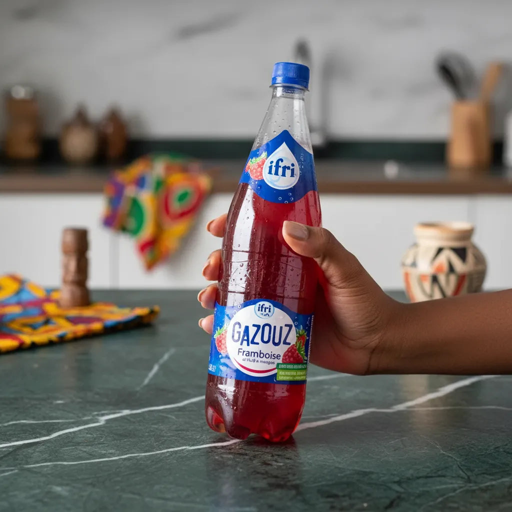 Main tenant une bouteille de Soda Framboise GAZOUZ, boisson gazeuse naturelle à la framboise, parfaite pour une consommation quotidienne.