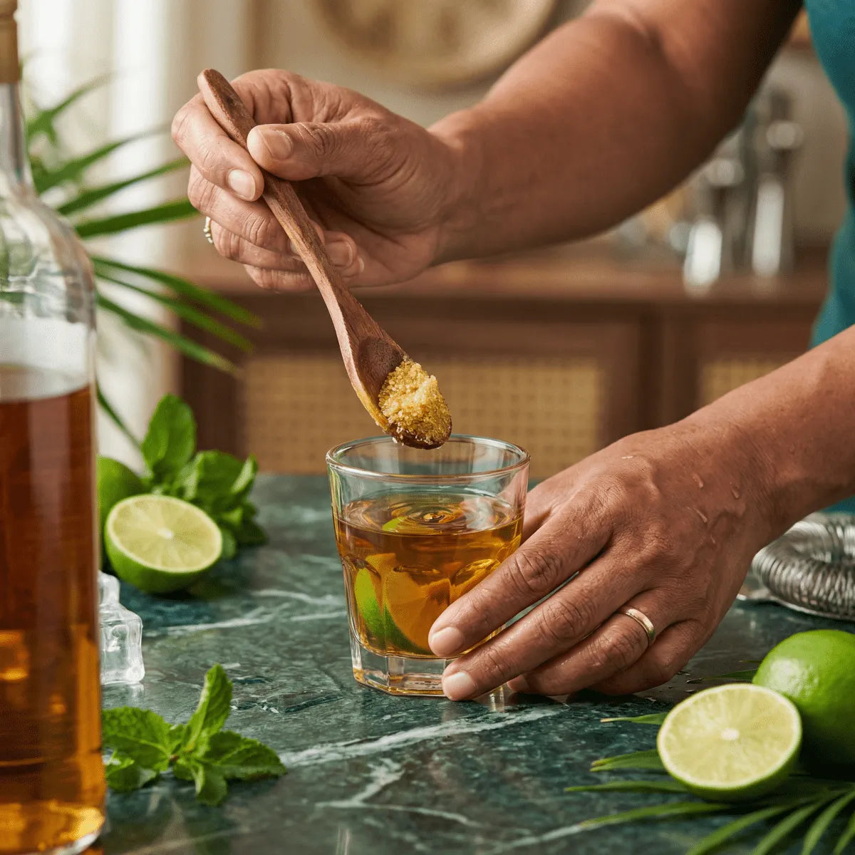 Ti Punch Dekolaj MAMOUR voorbereiding geschonken in een glas met citroen en rum. Cocktailbereiding.