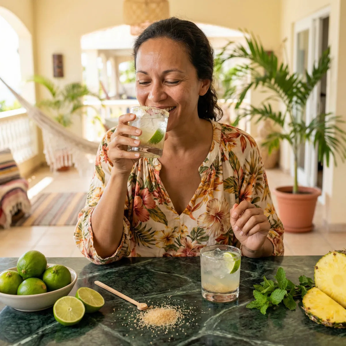 Vrouw die glimlachend een Ti Punch Dekolaj Citroen MAMOUR drinkt. Verse ingrediënten: limoenen.