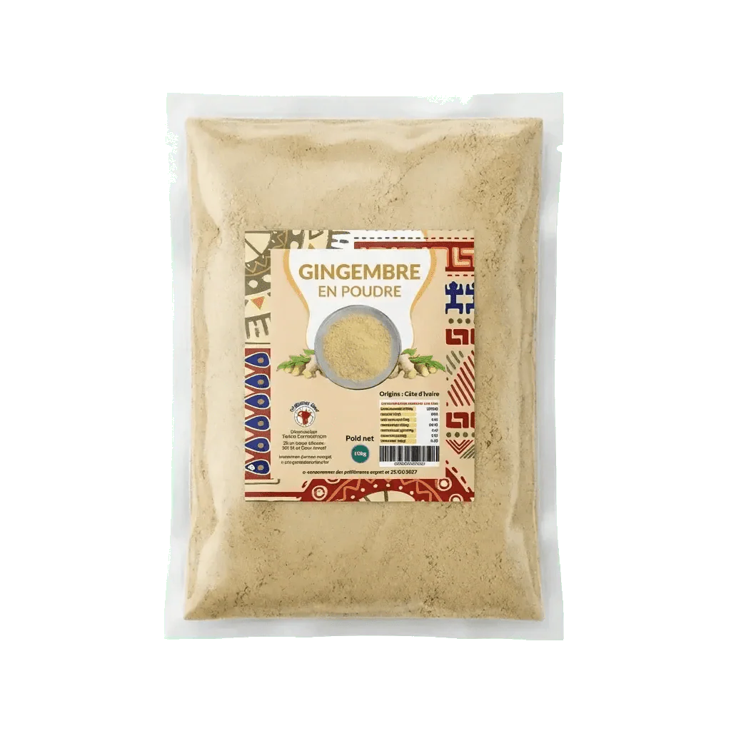 Gingembre en poudre "Afrique NUMBER ONE" de Testco Corrmormon : sachet rempli de poudre de.