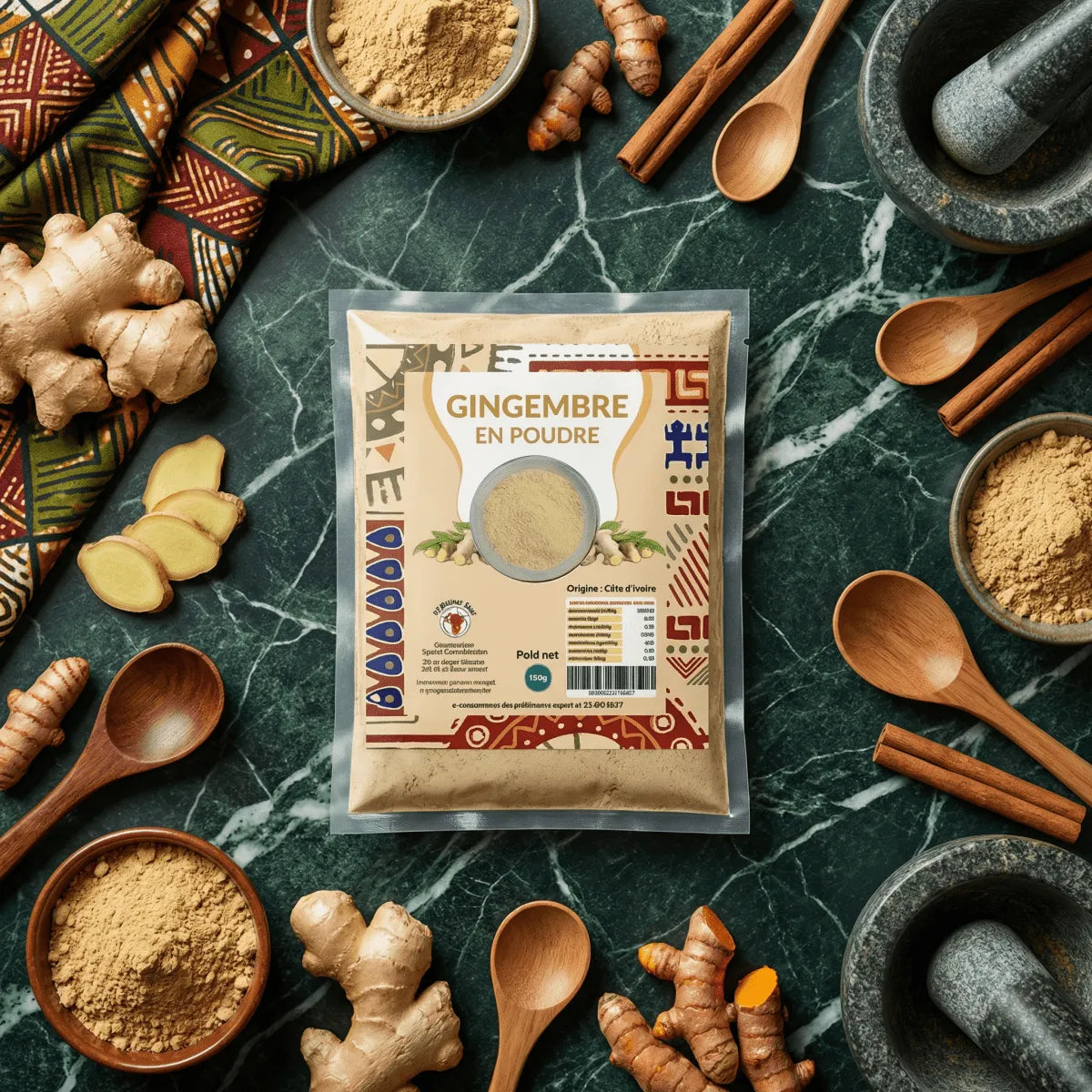 Zenzero in polvere dall'Africa NUMBER ONE, 150g. Messa in scena con zenzero fresco, curcuma.