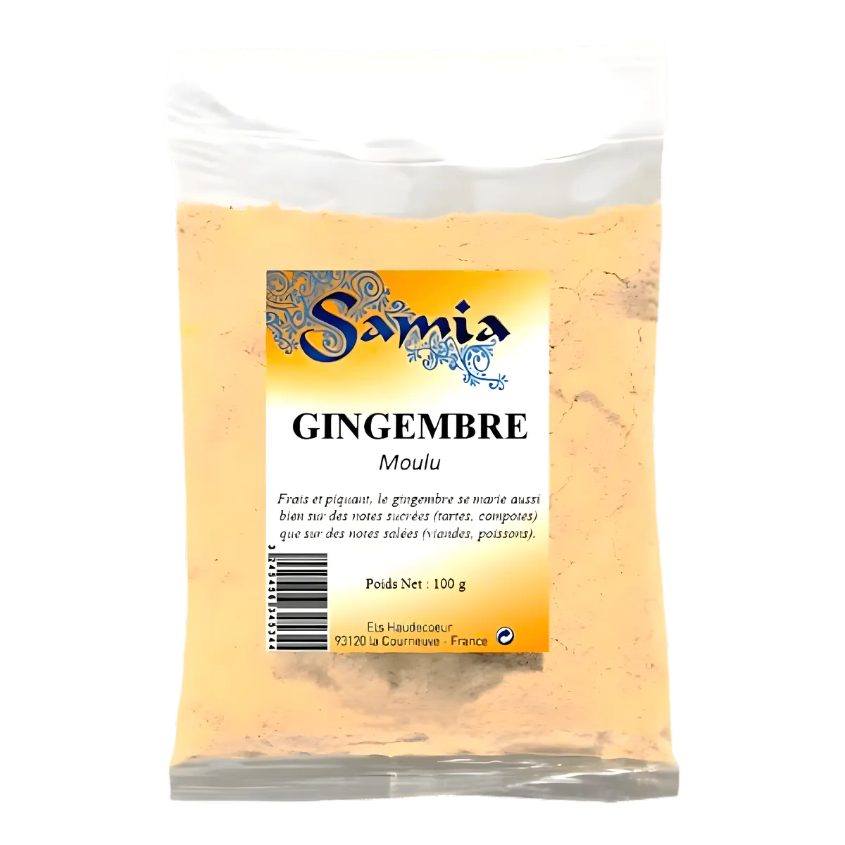 Poudre de Gingembre Samia 100g en sachet, épice aromatique pour recettes sucrées et salées, idéale en épicerie sucrée.