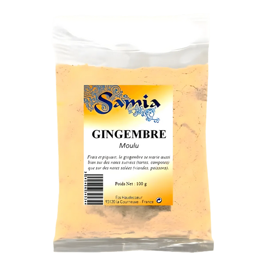 Poudre de Gingembre Samia 100g en sachet, épice aromatique pour recettes sucrées et salées, idéale en épicerie sucrée.