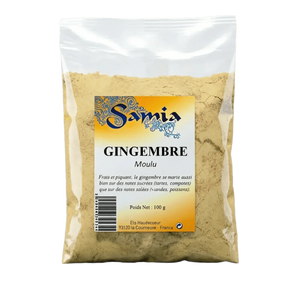 Sachet de gingembre en poudre SAMIA de 100g. Le sachet plastique est rempli de poudre.