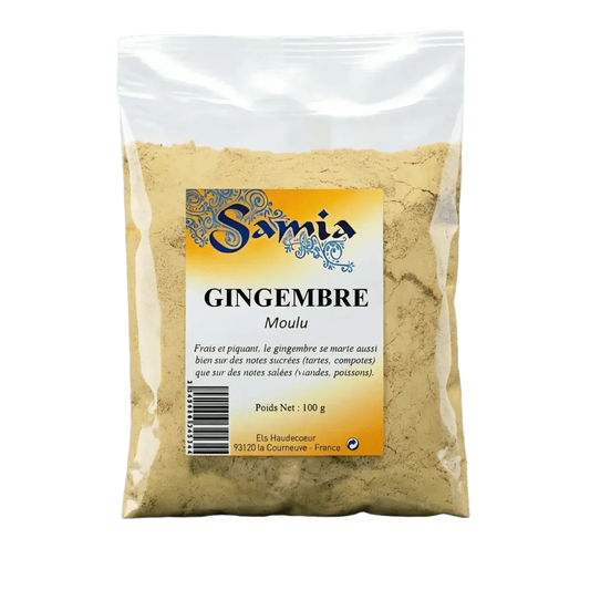 Bolsa de jengibre en polvo SAMIA de 100 g. La bolsa de plástico está llena de polvo.