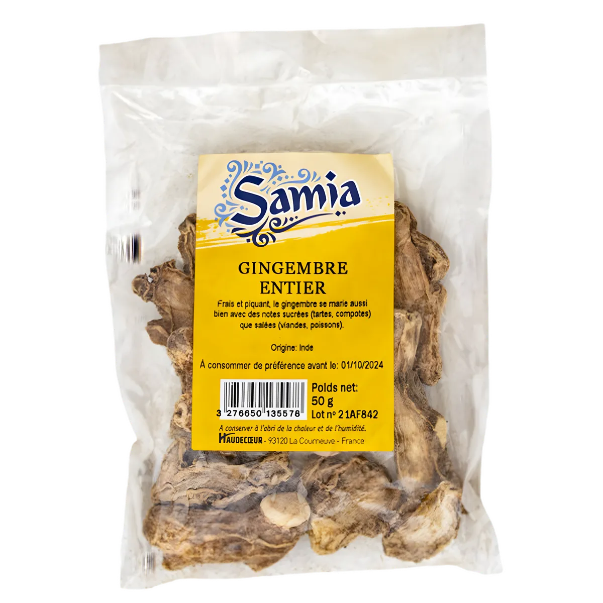 Gingembre entier SAMIA en sachet de 50g, racine séchée idéale pour plats salés et sucrés. Saveur intense pour cuisine épicée.