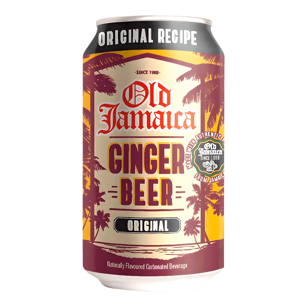 Canette de Ginger Beer en canette OLD JAMAÏCA au design tropical, boisson gazeuse épicée au gingembre. Saveur rafraîchissante et authentique.