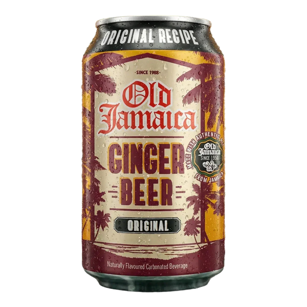 Canette de Ginger Beer Old Jamaica sur fond noir. Motif palmiers.