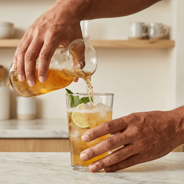 Ginger Beer OLD JAMAÏCA versée d'une carafe dans un verre avec glace, citron vert et menthe.