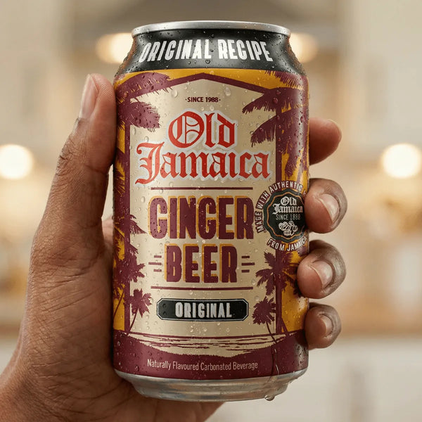 Canette de bière au gingembre par Old Jamaica, avec gouttes d'eau et design de palmier.
