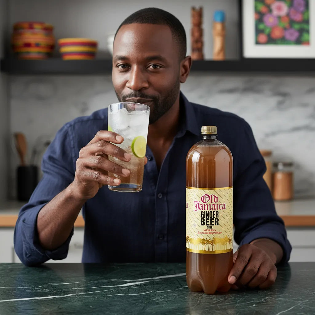 Homme dégustant un verre de Ginger Beer OLD JAMAÏCA, boisson gazeuse au gingembre, parfaite pour une pause rafraîchissante et épicée.