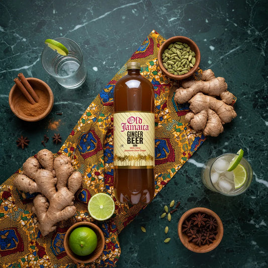 Bouteille de Ginger Beer OLD JAMAÏCA entourée d’ingrédients naturels comme gingembre, citron vert et épices, boisson pétillante et épicée.