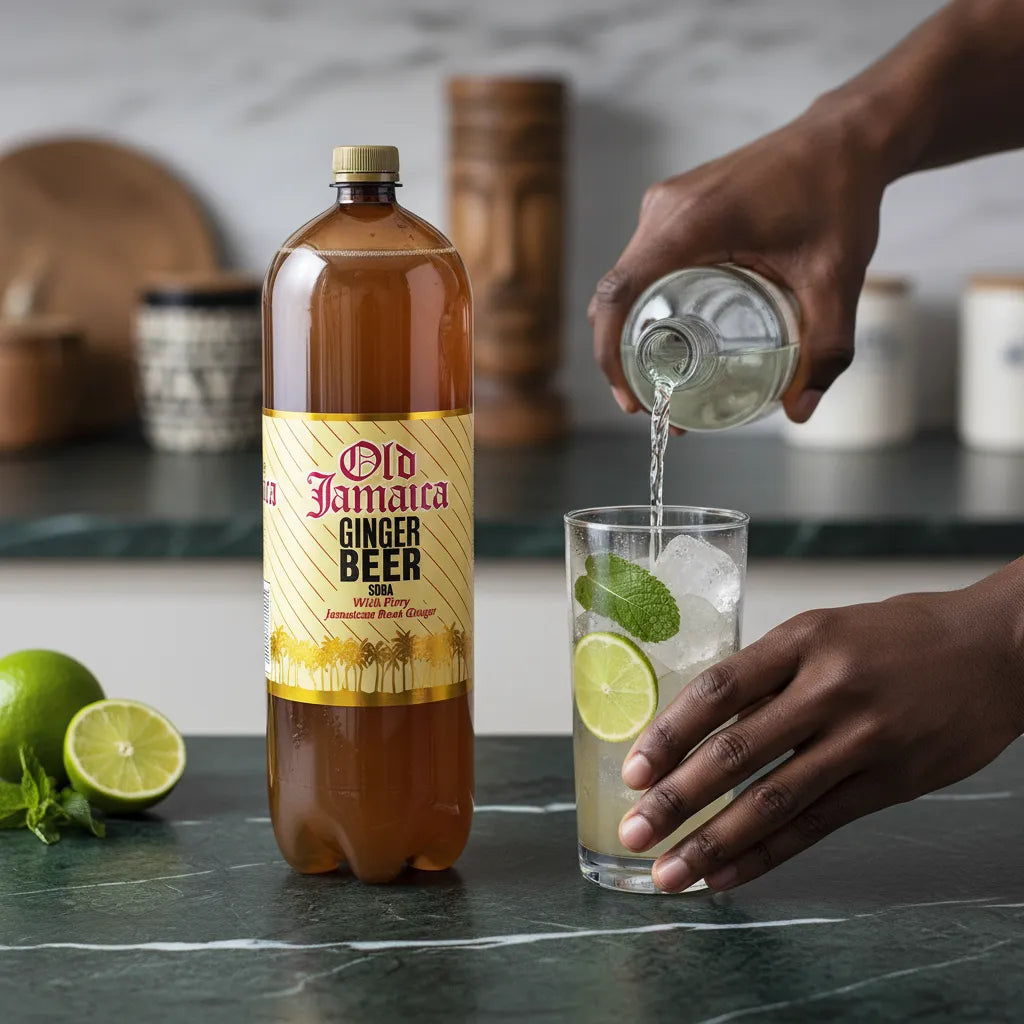 Ginger Beer OLD JAMAÏCA servie avec glace, citron vert et eau gazeuse, boisson rafraîchissante au goût épicé de gingembre jamaïcain.