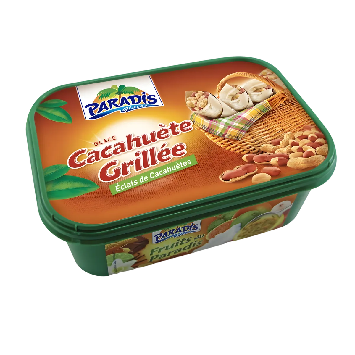Glace cacahuète grillée PARADIS GLACE en bac vert avec éclats de cacahuètes, dessert glacé onctueux pour épicerie sucrée.