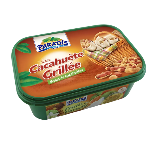 Glaces cacahuète grillée PARADIS GLACE en bac familial, saveur intense avec éclats de cacahuètes. Dessert glacé gourmand pour épicerie sucrée.