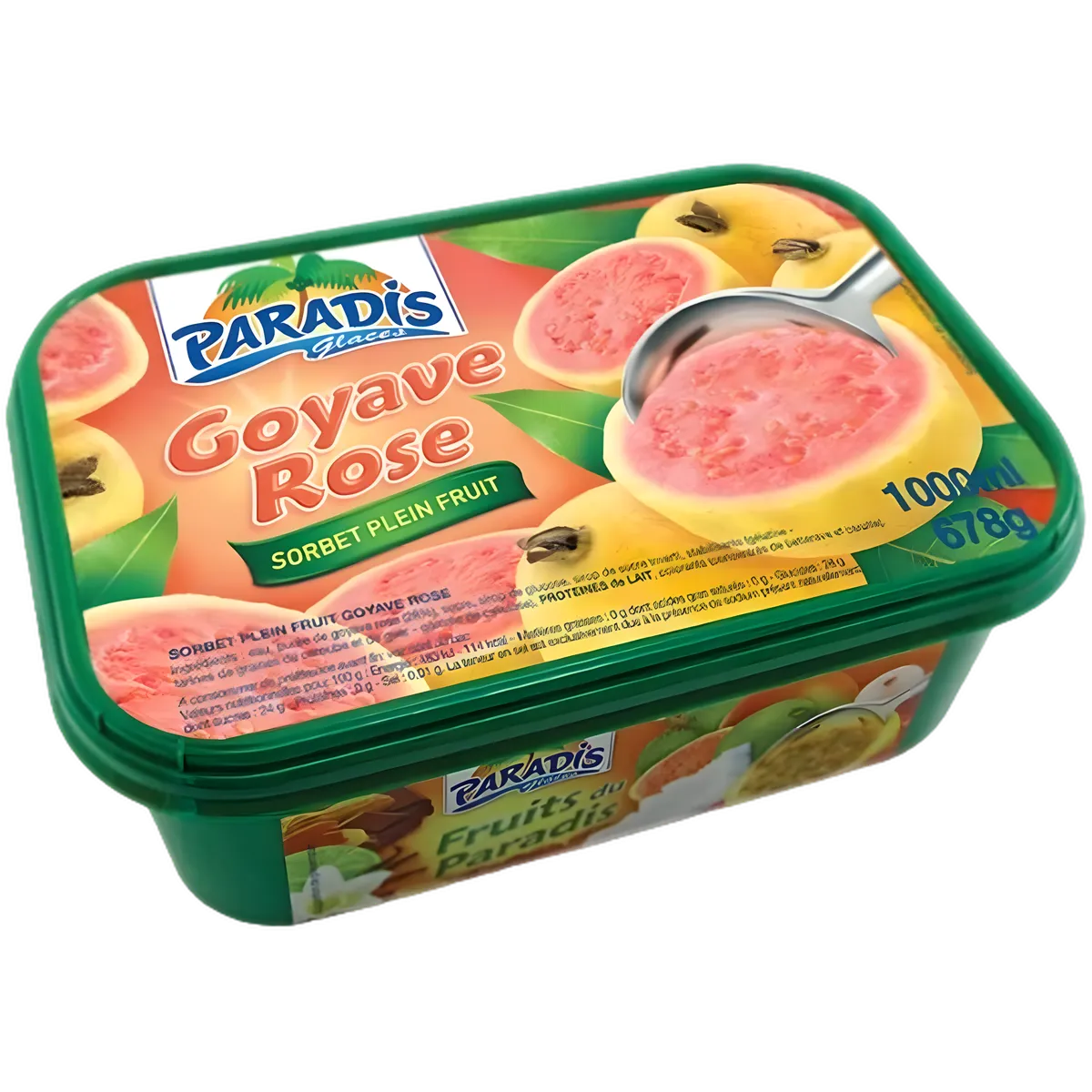 Glaces goût goyave PARADIS GLACE - Glaces Goût Goyave | Saveur Tropicale, sorbet plein fruit en bac de 1L, texture onctueuse et fruitée.
