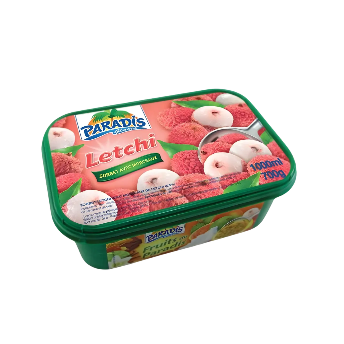 Glaces Letchi - Paradis Glace, sorbet aux morceaux de letchi en bac de 1000ml, dessert tropical rafraîchissant en épicerie sucrée.