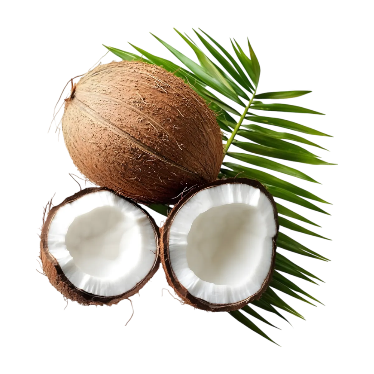 Noix de coco entière et ouverte avec feuille de palmier, ingrédient exotique phare des glaces coco Paradis Glace.