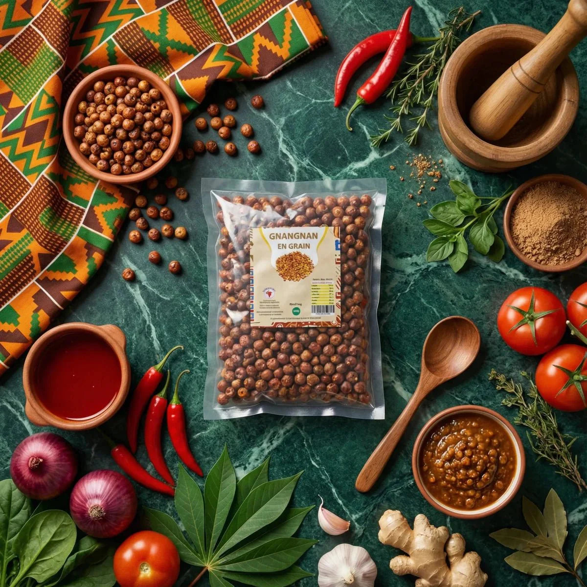 Gnangnan in grani del marchio Togolese, ~250g. Grani, spezie e ingredienti freschi verde marmorizzato.
