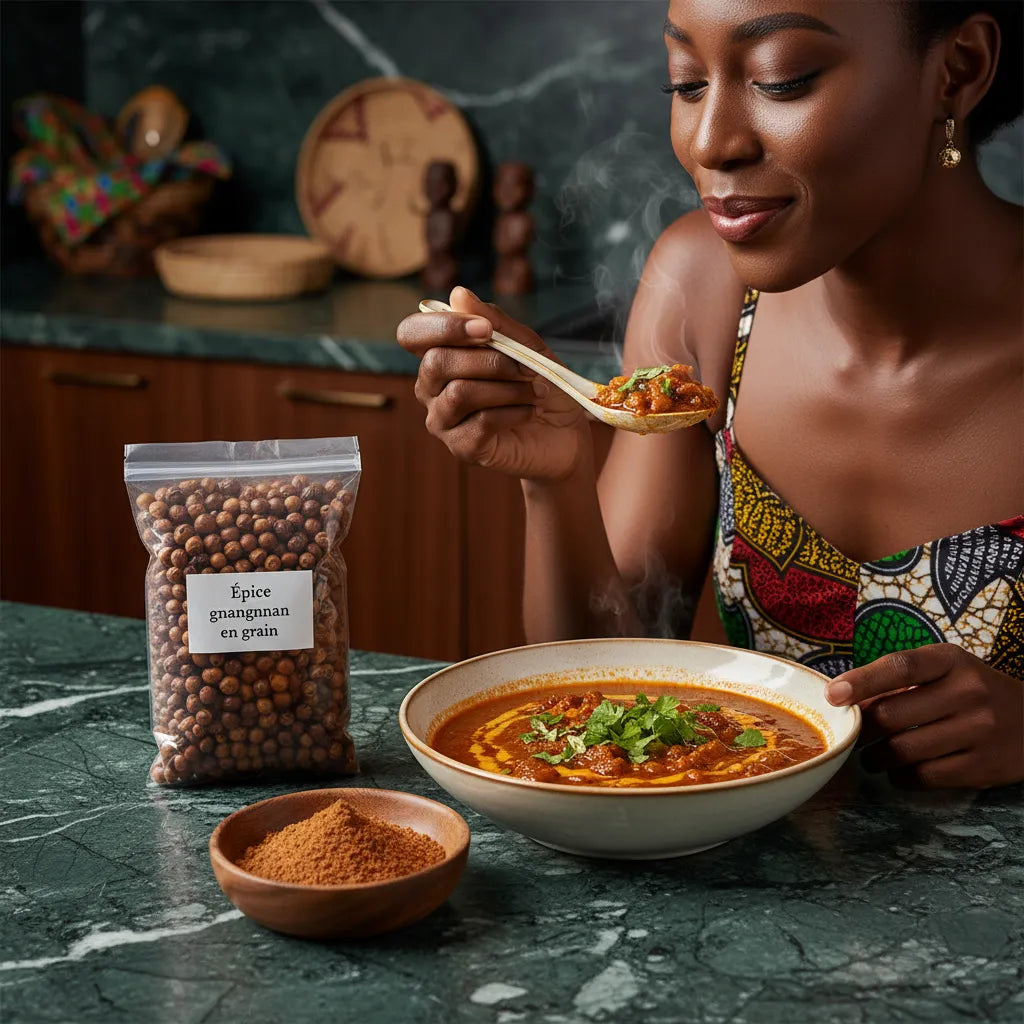 Femme dégustant un plat épicé avec épice gnangnan en grain sur table, révélant ses arômes terreux et piquants pour une cuisine distinctive.