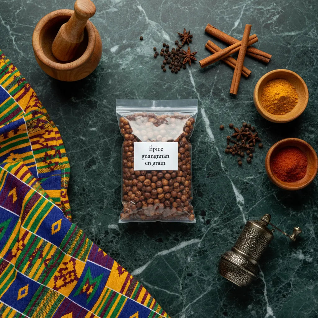 Épice gnangnan en grain posée sur table avec épices variées et tissu africain, parfait pour enrichir vos recettes traditionnelles et exotiques.