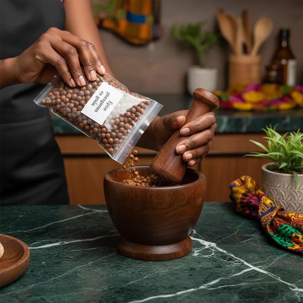 Main versant épice gnangnan en grain dans un mortier en bois, révélant son usage culinaire pour des plats aux saveurs authentiques et riches.