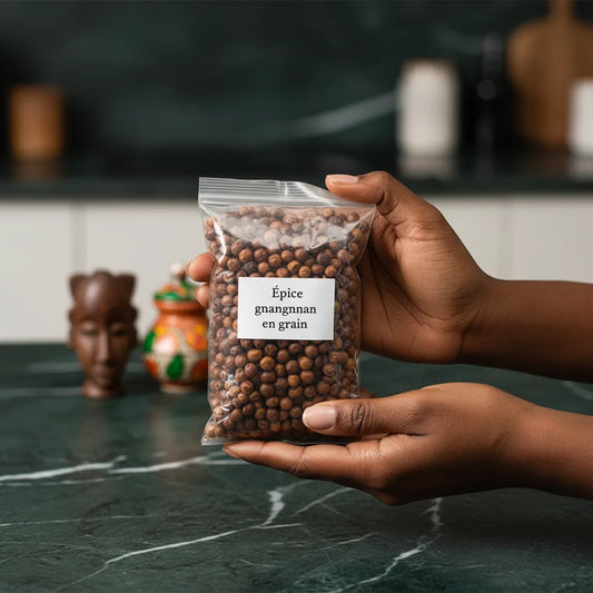 Main tenant un sachet d'épice gnangnan en grain, produit d'épicerie salée aux notes aromatiques pour sublimer vos plats maison.