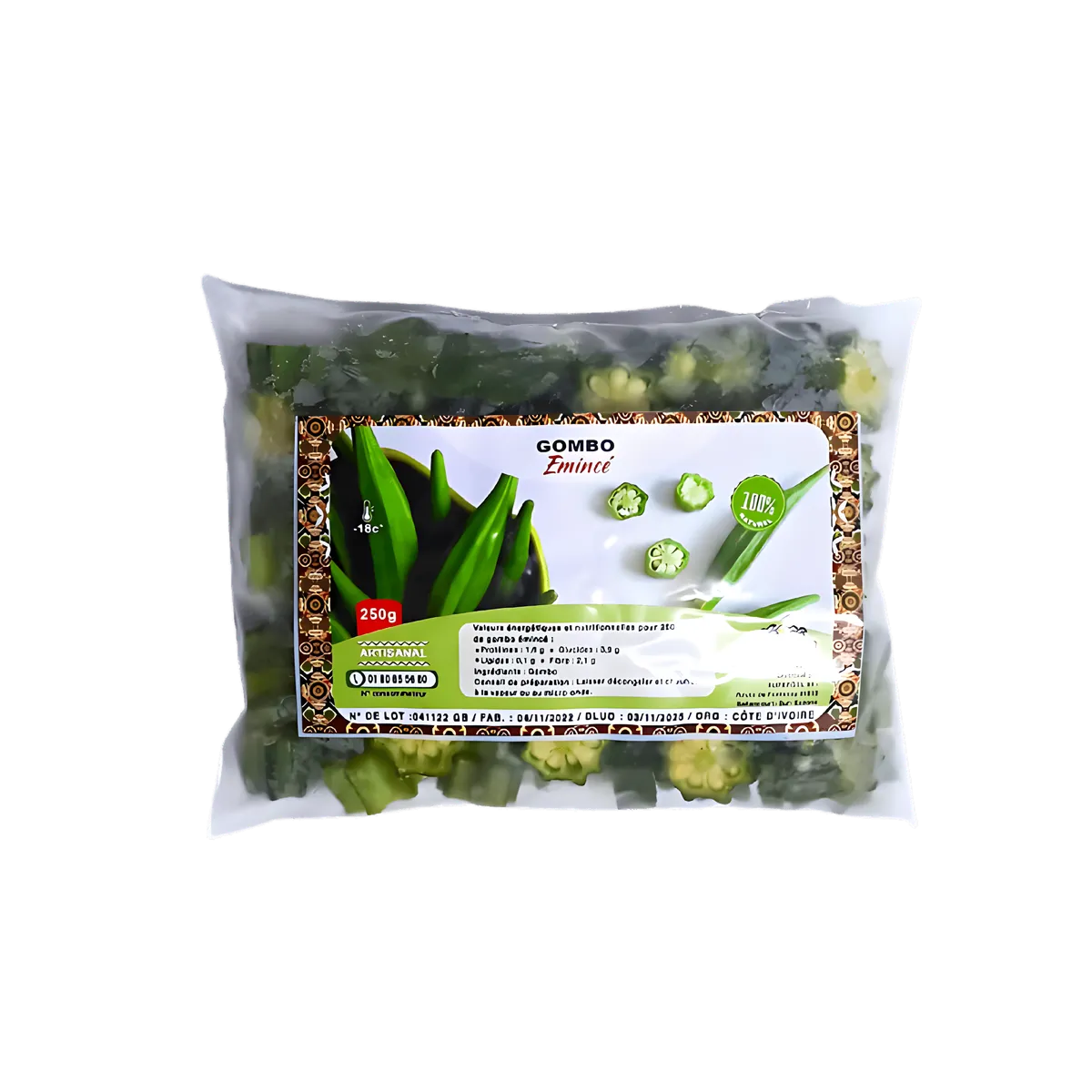 Gombo coupé surgelé Emince 250g, emballé sous vide pour une conservation optimale. Ingrédient essentiel pour plats africains et exotiques.