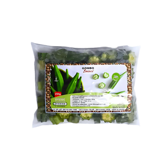 Gombo coupé surgelé Emince 250g, emballé sous vide pour une conservation optimale. Ingrédient essentiel pour plats africains et exotiques.