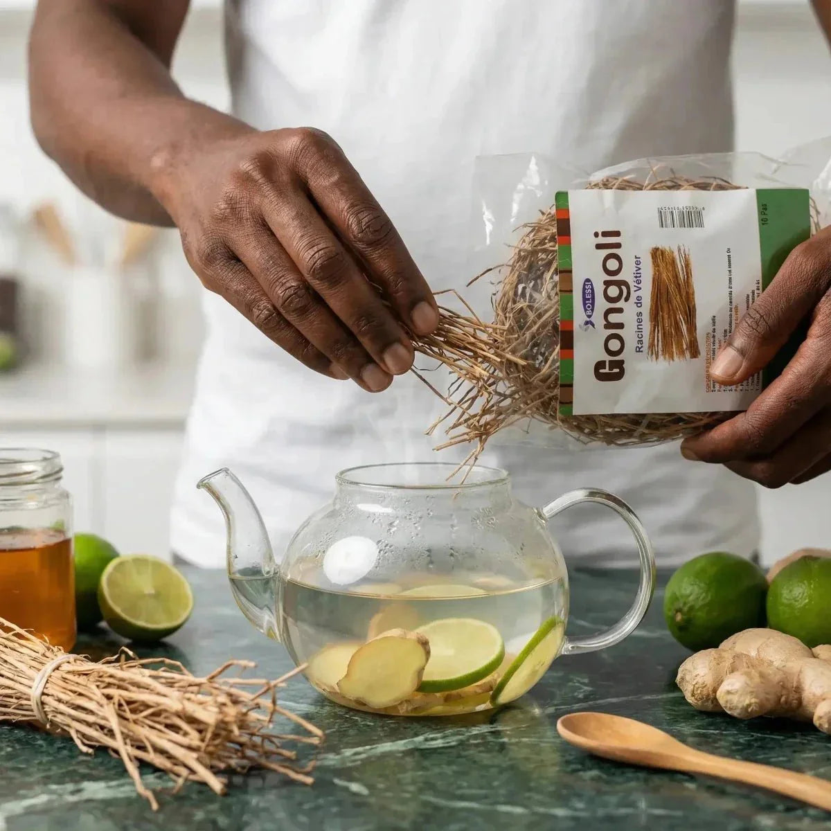 Préparation de Gongoli Bolessi, racines de vétiver en sachet.