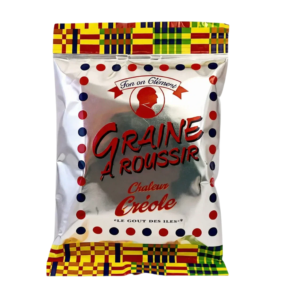 TONTON CLEMENT roasting seeds in a 100g pouch. Silver packaging with colorful patterns.