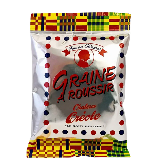 TONTON CLEMENT roasting seeds in a 100g pouch. Silver packaging with colorful patterns.