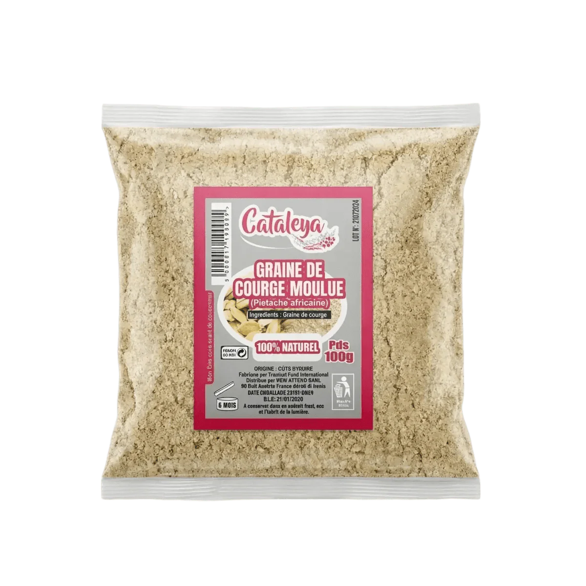 Zakje gemalen pompoenpitten CATALEYA, 100g, op effen achtergrond.