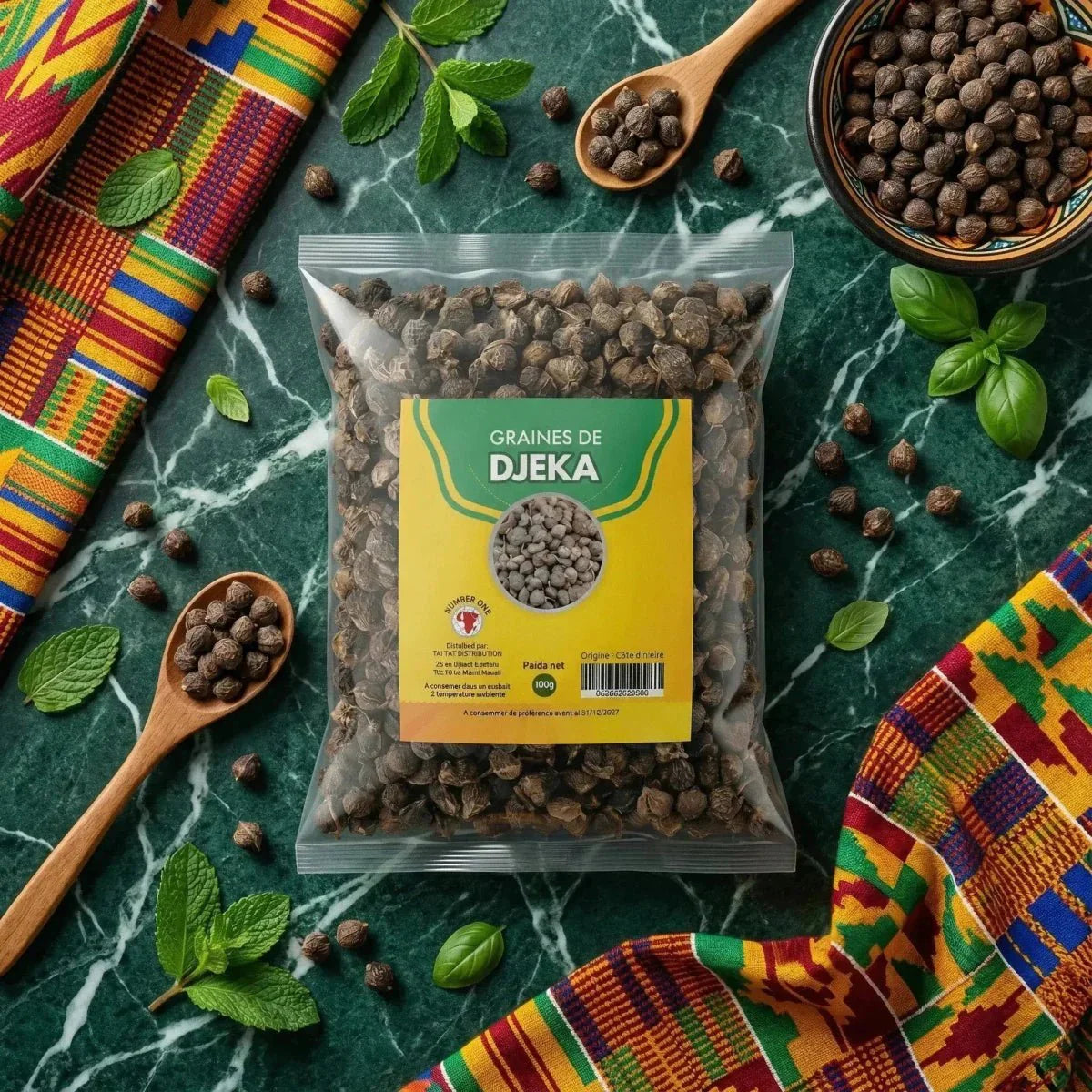 Djeka Number One Seeds: product packaging, loose seeds, wooden spoons.