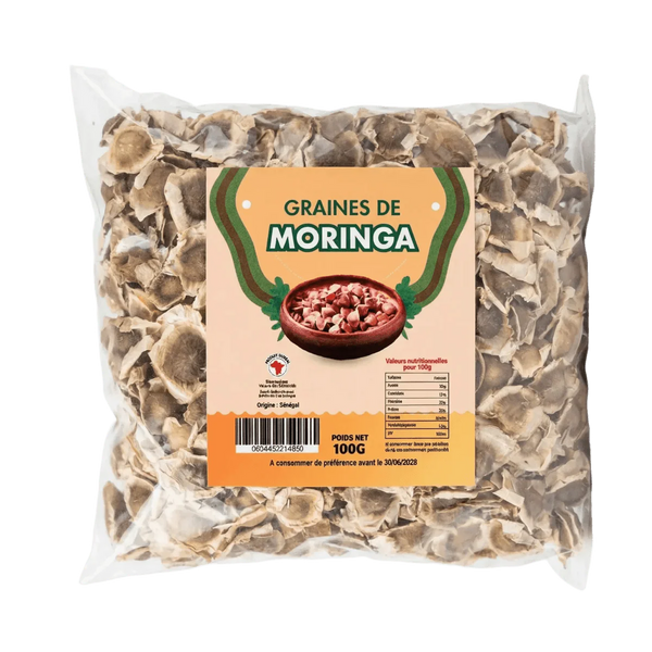Beutel mit Moringa-Samen NUMBER ONE 100g. Sichtbar erkennbare Samen.