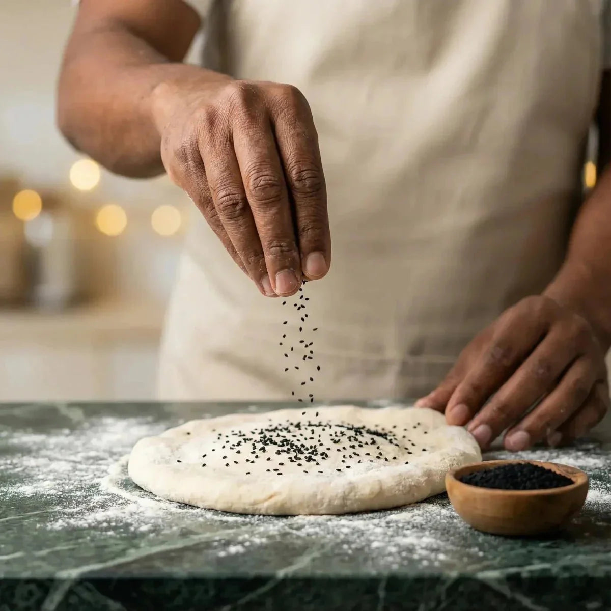 Nigellazaad NUMBER ONE, 100g. Hand die nigellazaden over een brooddeeg strooit.