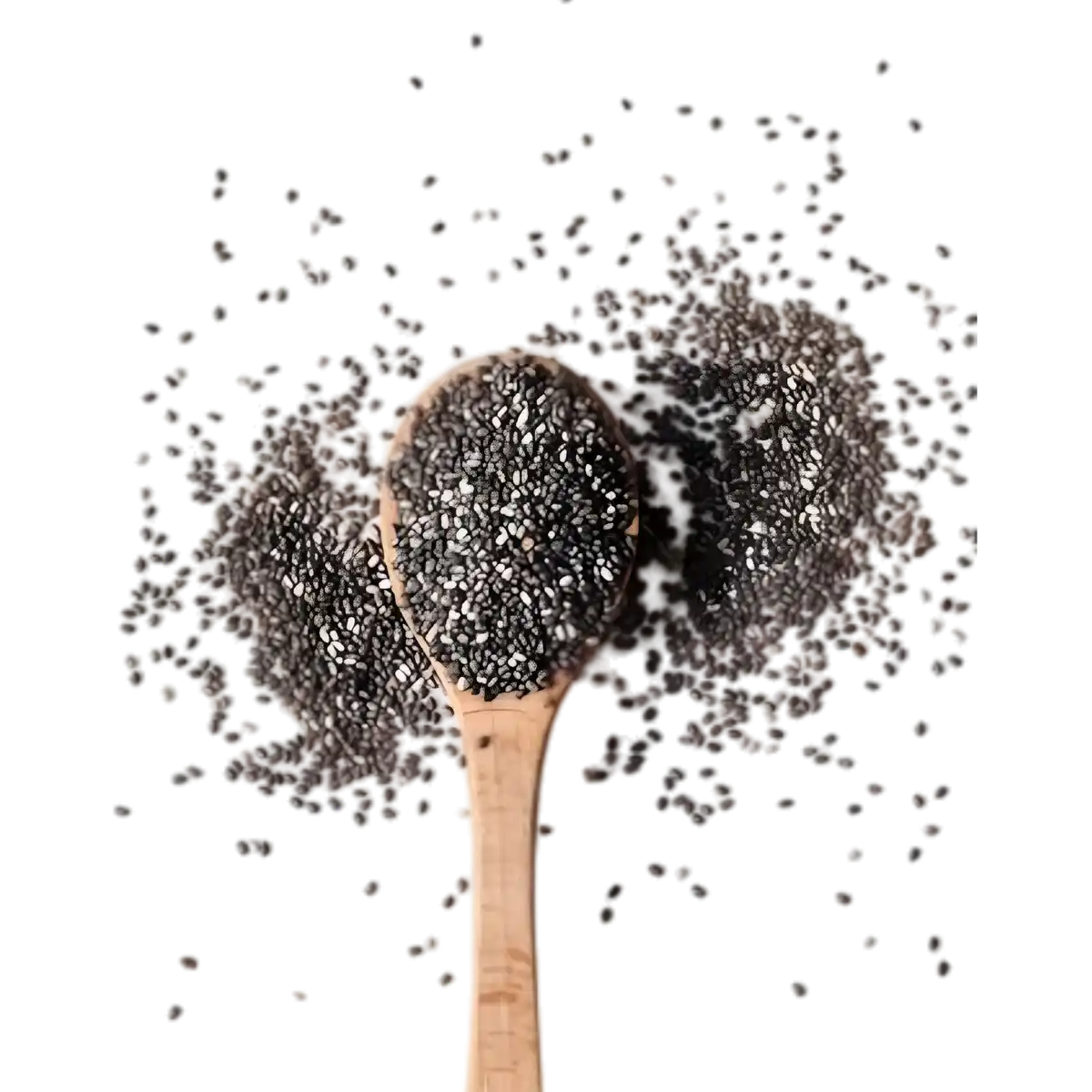 Cuillère en bois remplie de graines de chia grises SAMIA en suspension, ingrédient naturel pour recettes riches en fibres et oméga-3.