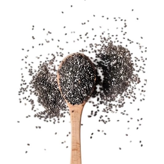 Cuillère en bois remplie de graines de chia grises SAMIA, illustrant leur texture naturelle et usage en cuisine saine et nutrition chia.